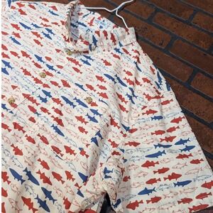 Duluth Men's Untucked Relaxed Fit Red White Blue Fish Print Short Sleeve Shirt